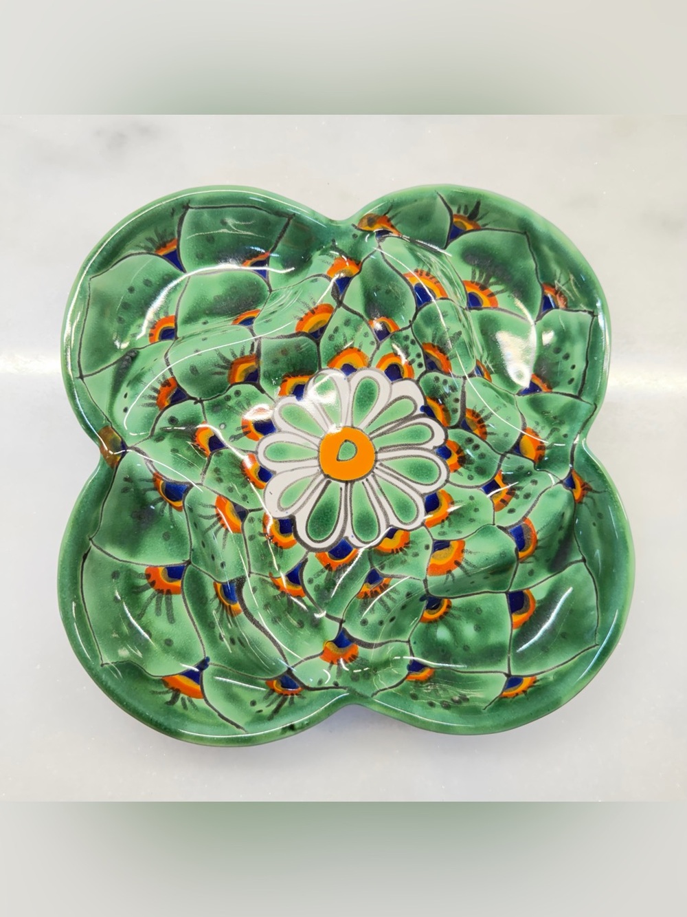 Hand-Painted Green Floral Ceramic Serving Bowl